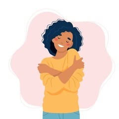 Cartoon woman in a yellow sweater hugging herself