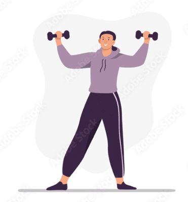Cartoon woman in sweats lifting dumbbells overhead