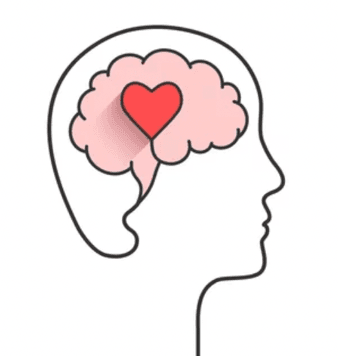 black head outline with pink brain and red heart