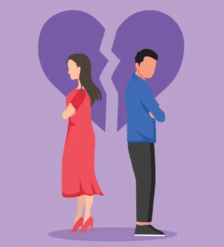 Cartoon couple facing each other back to back with a broken purple heart in the backround