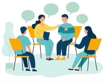 Cartoon group therapy sitting in chairs with bubble text