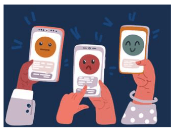 Three smart phones with happy, sad and mad faces on them