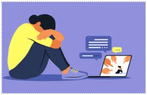 Sad and hurt Woman curled into herself with her laptop on the floor in front of her with people pointing at her and yelling and commenting bad things
