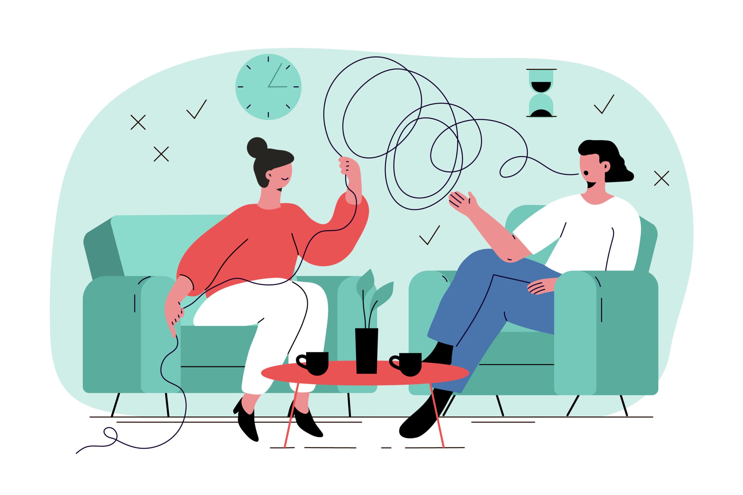 Two cartoon people sitting in chairs and having a good therapy session and talking about lots of things